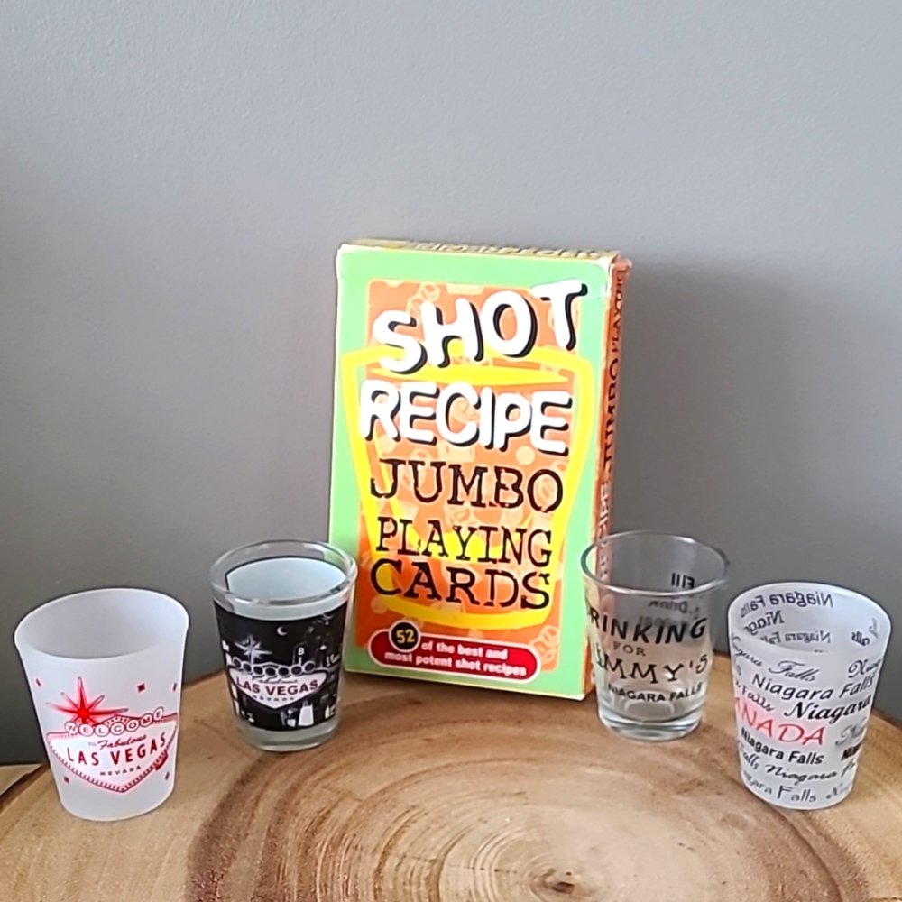 Vintage - playing cards "Shot Recipe" and 4 shot glasses